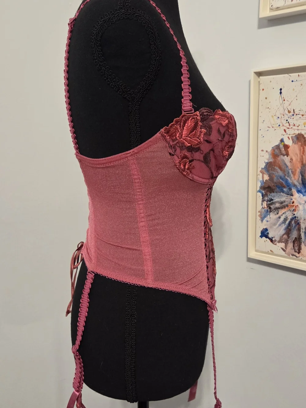 Floral Embroidered Pink Lace Bustier with Garter Straps